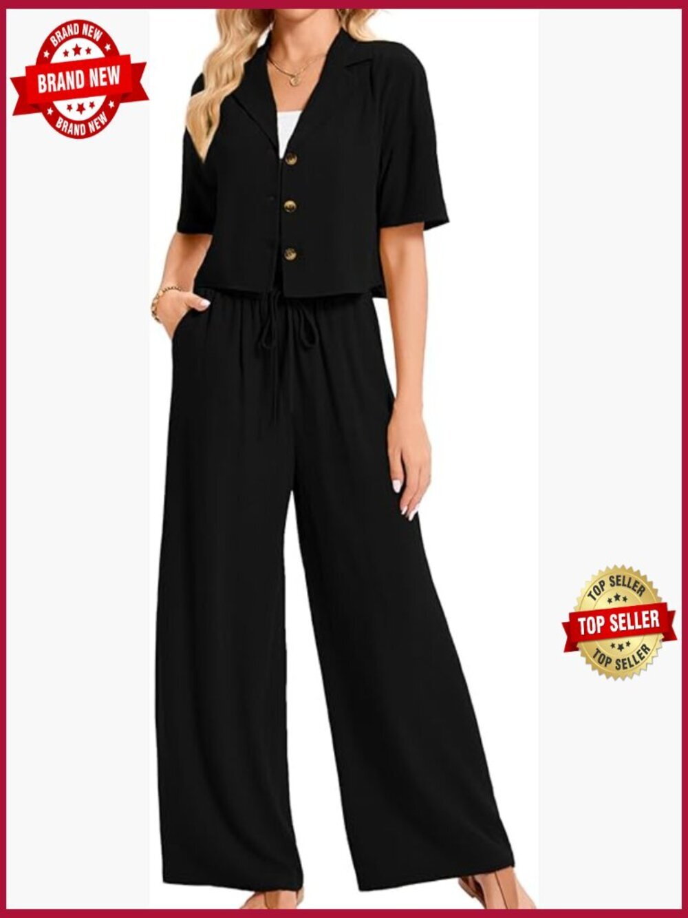 Linen 2 Piece Pant Set Short Sleeve Button Down Shirt & Wide Leg Pants Business
